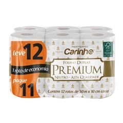 PAPEL HIGIENICO FOLHA DUPLA CARINHO PREMIUM NEUTRO COM 30M 12 ROLOS